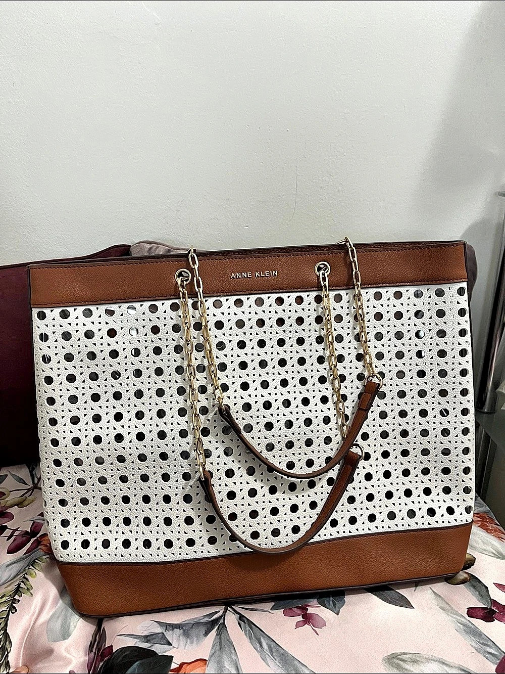 Anne Klein Perforated Tote Bag with Pouch White & Brown